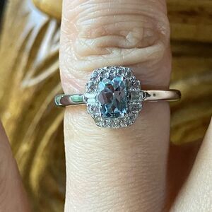 Natural Aquamarine Sterling Silver Halo Ring Size 6